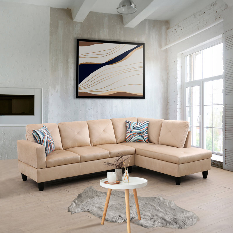 Aizleigh Upholstered L-Shaped Sectional, Beige Linen Blend, Left Hand Facing