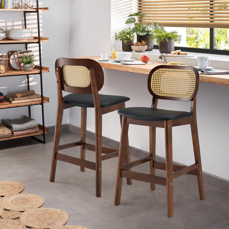 25" Black Faux Leather and Wood Counter Height Bar Stools with Rattan Backrest
