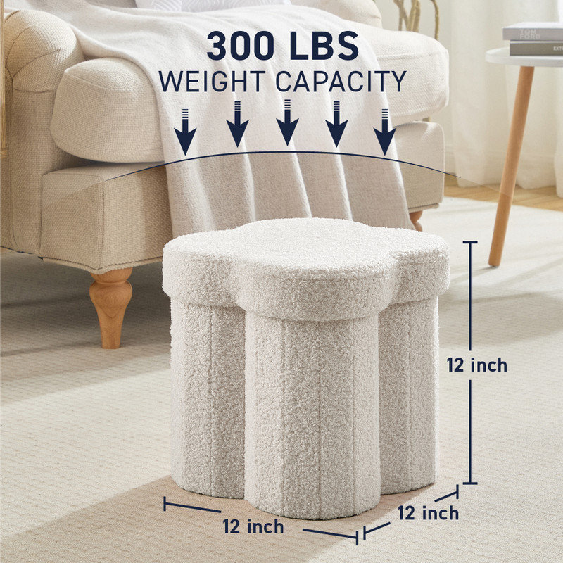 Small Boucle Flower 12" Storage Ottoman - Footstool - Perfect for Dorm, Living Room and Bedroom, White