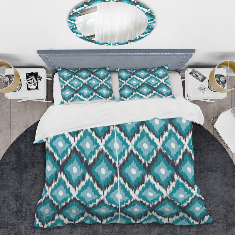Blue Ikat Ogee - Ensemble de housse de couette abstrait - Microfibre de polyester