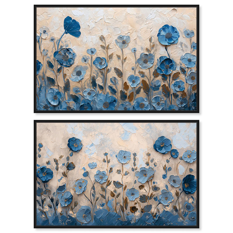 Ensemble de 2 fleurs bleues Curlean , H 10 po x l 15 po, Cadre flottant noir