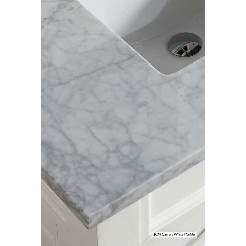 De Soto 36'' W Single Vanity, Bright White, Carrara White Marble, 8" Widespread