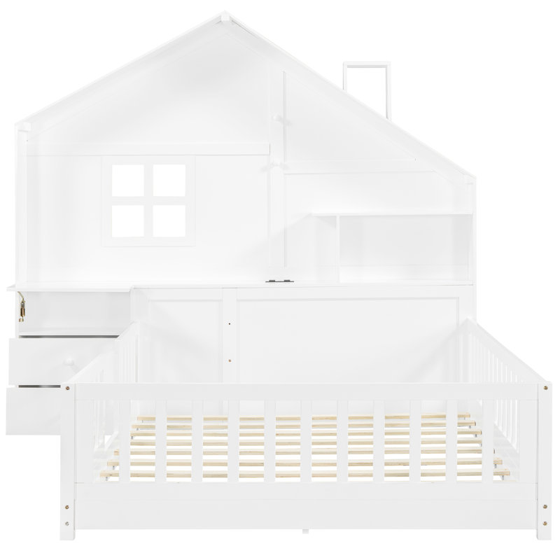 Lit double blanc avec fenêtre, rangement de chevet, étagère et charge pour une chambre à coucher de style esthétique sécuritaire, tiroirs, solution de tablette pour une installation confortable