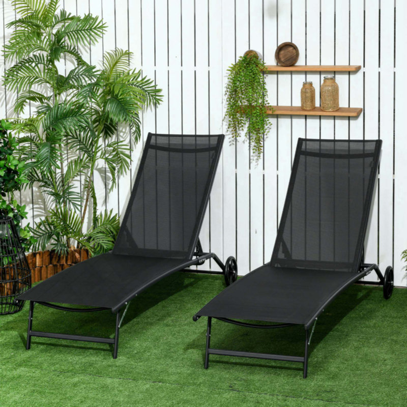 Chaise longue pour l'extérieur, chaise longue avec roulettes 2 pièces, chaise avec 5 positions réglables pour le patio, la plage, la cour, la piscine