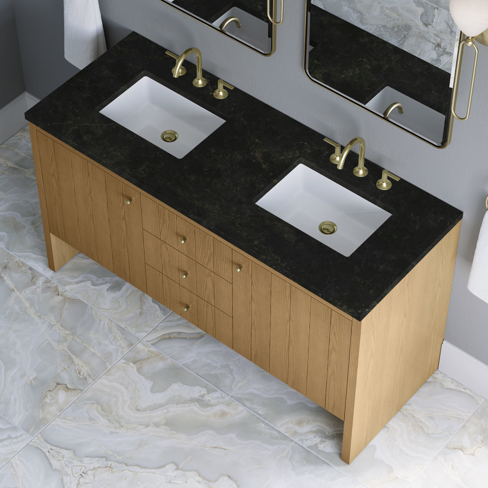 Hudson 60'' Double Bathroom Vanity, Light Natural Oak, Phantome Eclos, 8" Widespread