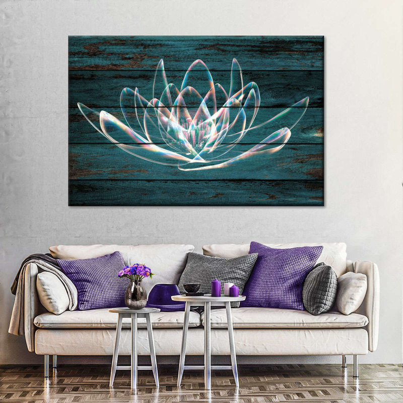 Fleur de lotus sur bois, reproduction sur toile, H 16 po x l 24 po x P 1,25 po