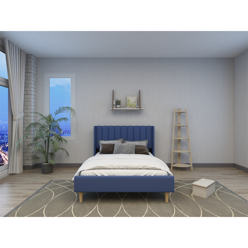 Eriksay Low Profile Upholstered Platform Bed with Wingback Headboard, Double, Dark Blue Linen