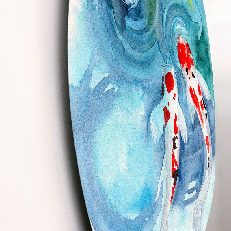 Trois poissons Koi avec des taches dans l'eau - peinture sans cadre sur métal