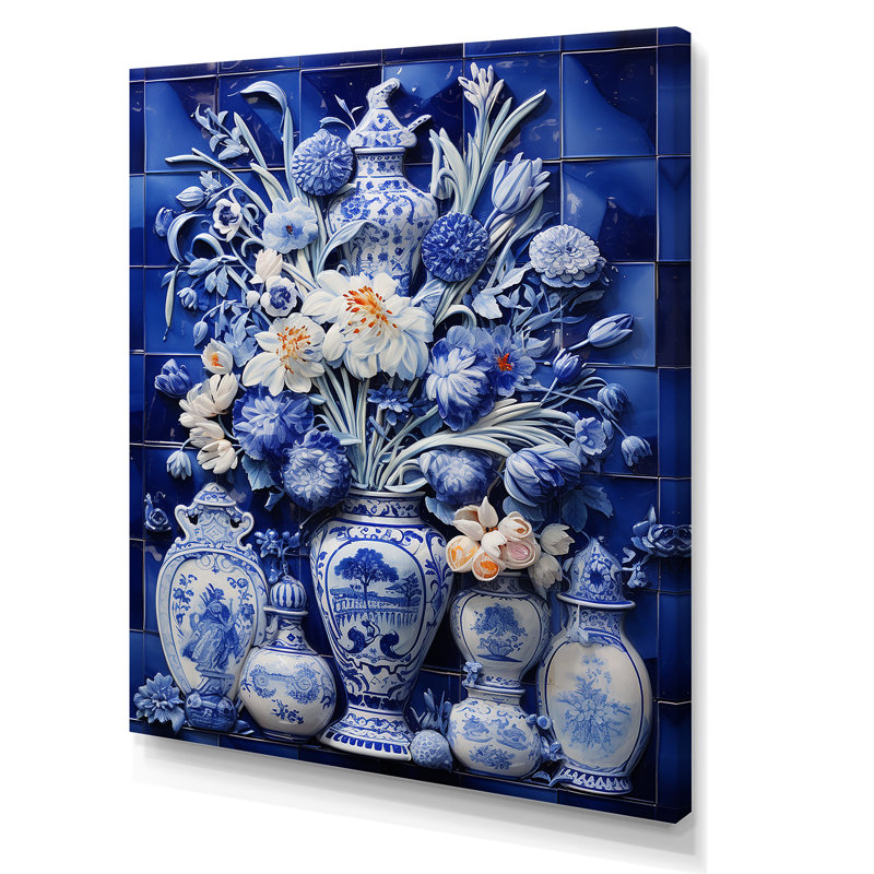 «Blue Boho Flower Pottery I» - art mural Boho, Toile tendue, H 32 po x l 16 po x P 1 po
