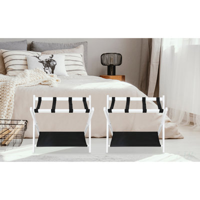 Babion Folding Luggage Rack for Guest Room, 4 Pack, Double Tiers Bamboo Luggage Holder with Nylon Straps, No Assembly Required