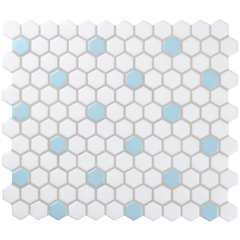 Perfection 1" x 1" Porcelain Mosaic Wall and Floor Tile, White/Sky Blue Dot