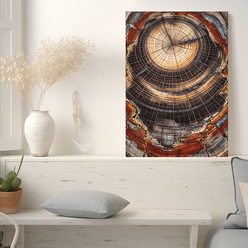 Art mural en toile avec anneaux de croissance en souche d'arbre brun et gris, 36"H x 24"W