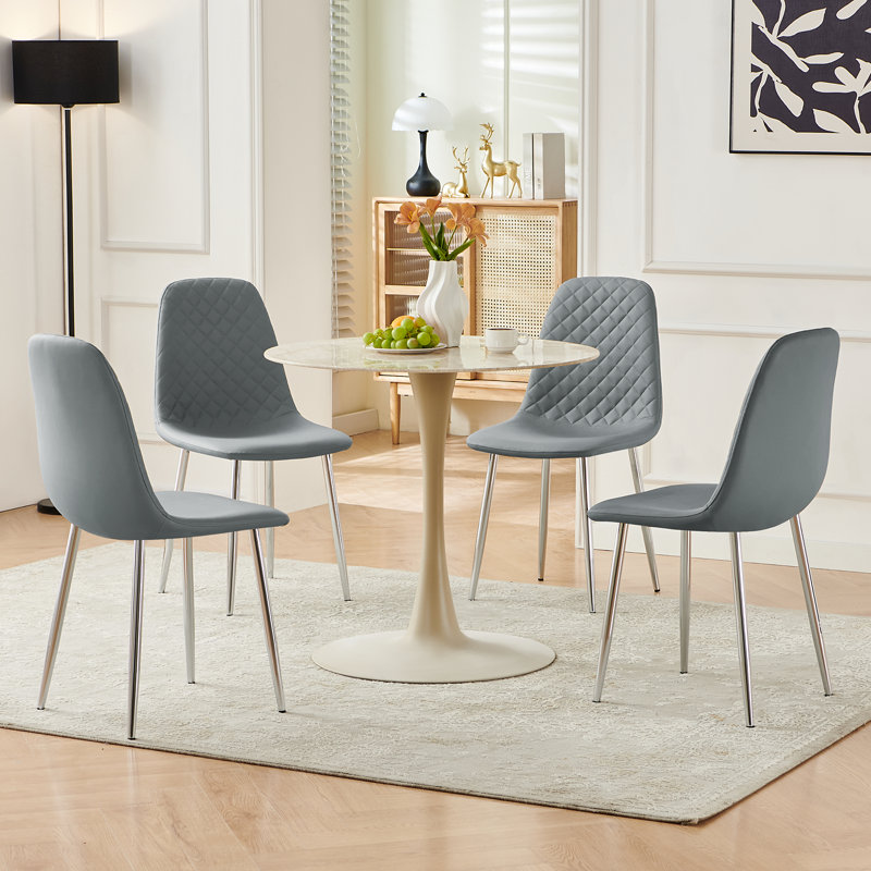 Wayland Modern Upholstered Faux Leather Dining Chair, Light Grey, 4, Silver