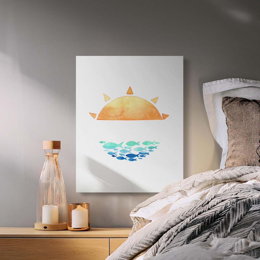 Coastal Watercolor Sun & Fish Canvas Wall Art, Minimalist Ocean Nursery Decor, Beach House Print Gift