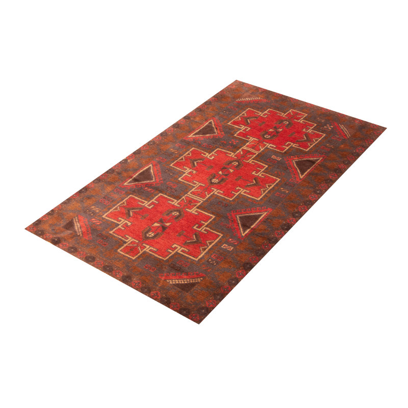 Tapis rouge en laine noué à la main de conception unique 3 pi 5 po x 6 pi 0 po
