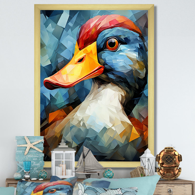 «Cubist Quack Duck Portrait» en bleu et jaune - art mural animal canard, Cadre doré simple, H 20 po x l 12 po x P 1 po