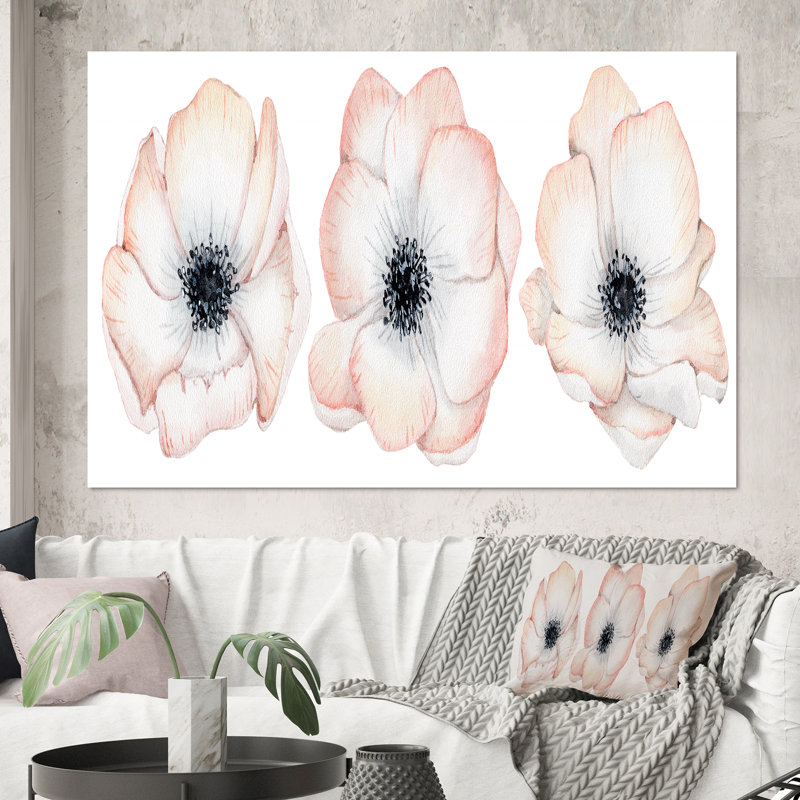 Aquarelle, anémone et fleurs roses - Peinture sur toile, H 40 po x l 60 po, Toile tendue