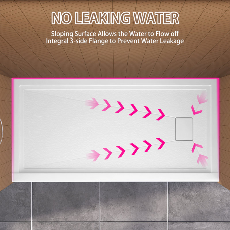 72" W × 36" D Acrylic Shower Base Single Threshold for Alcove Installation with Right Drain, Right