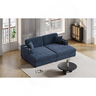 86.5" Oversized Loveseat Chaise Lounge Sectional Sofa Bed Corduroy Sleeper Sofa With Two USB Ports , Two Cup Holders And Two Throw Pillows For Living Room And Bedroom
