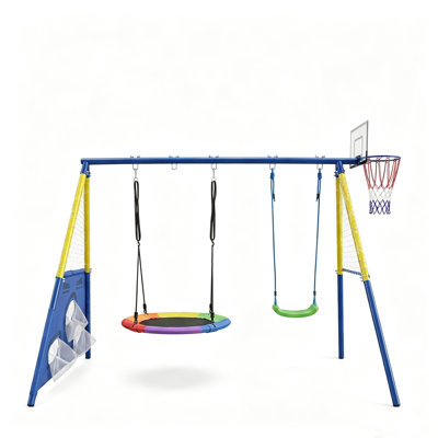 Ensemble de balançoires 5 en 1 pour enfants, aire de jeux extérieure robuste en métal avec balançoire à soucoupe, balançoire à ceinture, panier de basketball et but de soccer, équipement de jeu multi-activités pour les tout-petits et les enfants de 3 à 10 ans