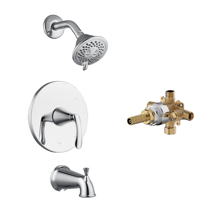 Stilleto Collection Shower System: 3-Function 4" Round Shower Head, Single Handle Set, Tub Spout, & Rough-in Valve Included - Chrome Polished
