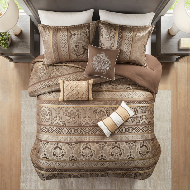 7 Piece Jacquard Comforter Set Brown/Gold, Brown/Gold, King Comforter + 6 Additional Pieces