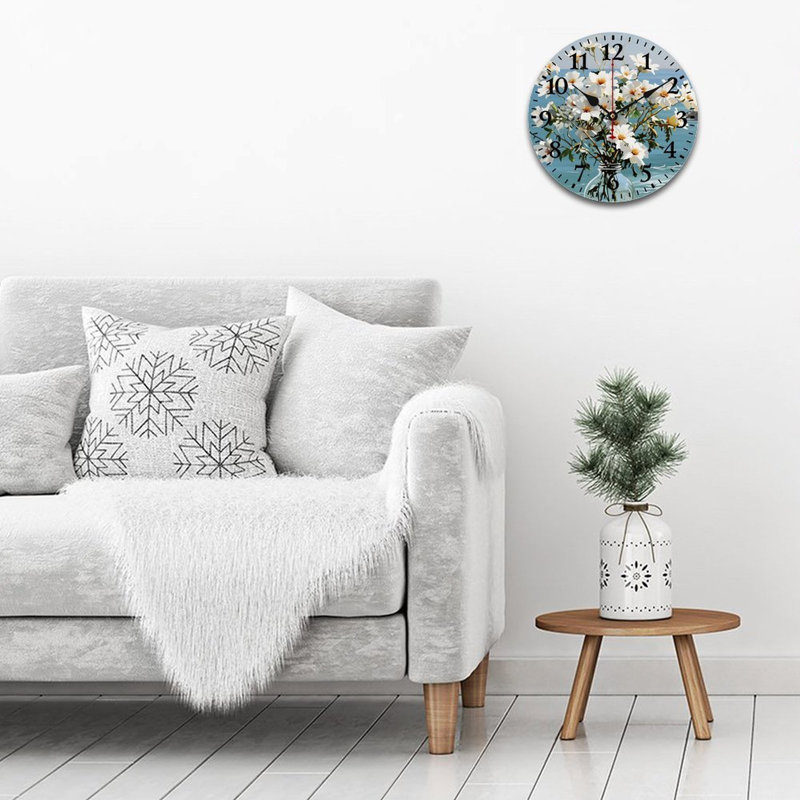 Horloge murale bleue 12 x 12 po, fleurs blanches côtières