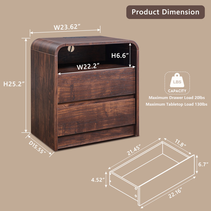 25" Tall End Table with 2 Storage Drawers, Brown, 2