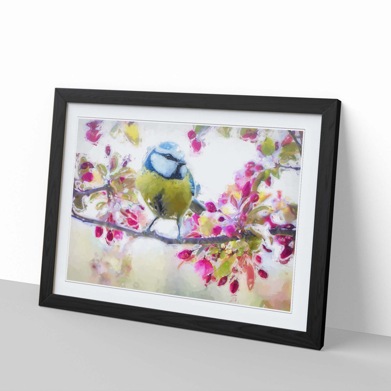 Blue Tit Bird in Spring in Abstract - Picture Frame Painting Print, 62cm H x 87cm W x 2cm D, Black Framed