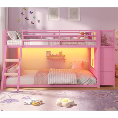 Low Bunk Bed Twin Over Twin With 7 Large Fabric Drawers And Bookshelf, Rgb Led Lights, Pink