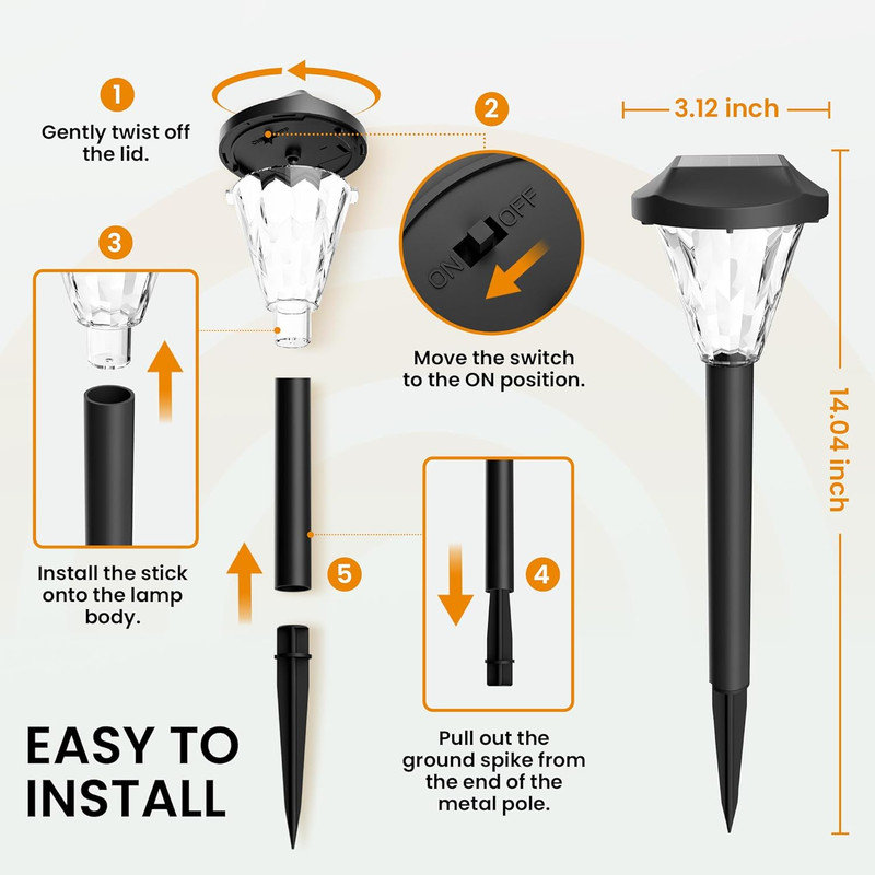 10 Pack Solar Garden Lights, Waterproof Outdoor Solar Pathway Lighting for Lawn and Walkway, Warm White Solar Powered Decor for Porch