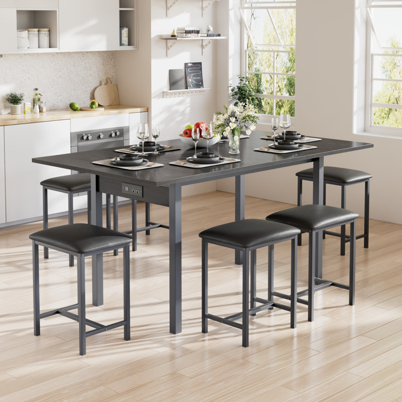 Ensemble de table de salle à manger extensible 7 pièces pour 4 à 6 personnes, table de cuisine extensible et 6 tabourets, ensemble de table de cuisine avec station de charge pour petits espaces