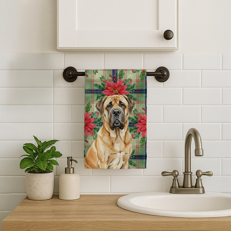 Fawn English Mastiff Christmas PoinsettIas Kitchen Towel, Fawn English Mastiff