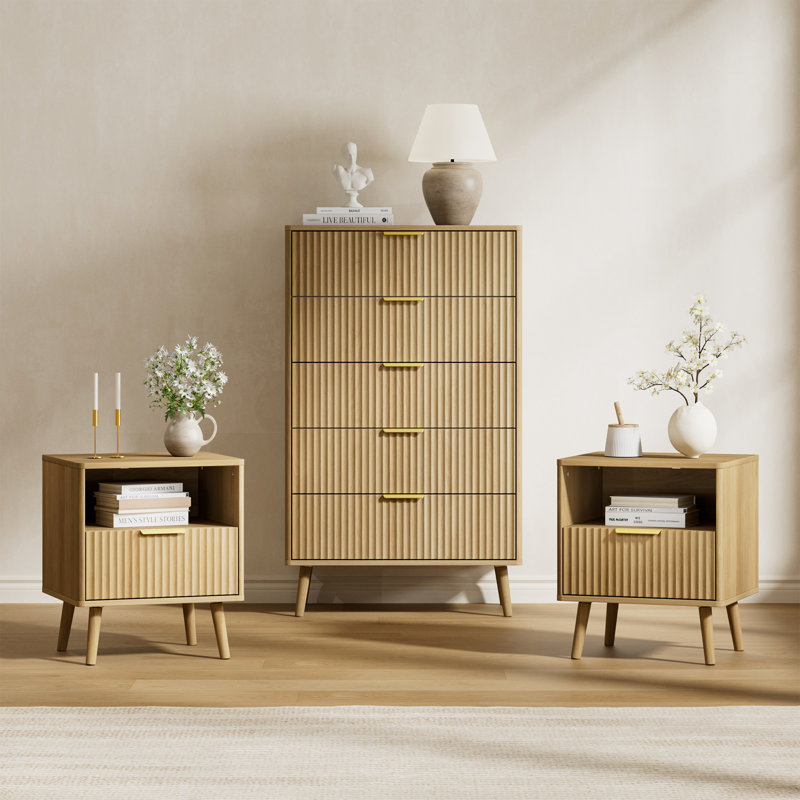 Ensemble de chambre à coucher 3 pièces (1 commode + 2 tables de chevet), Chêne