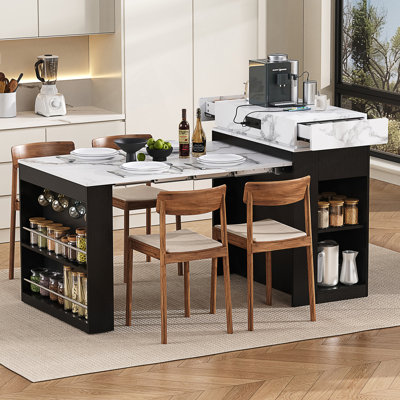Table de salle à manger extensible avec plateau pliable, tiroirs, prise de courant et roulettes