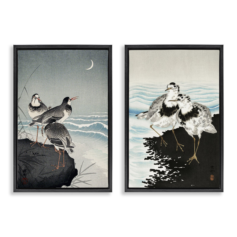  «Sea Birds Under Moon», ensemble de 2 toiles flottantes encadrées par Ohara Koson, H 31 po x l 21 po