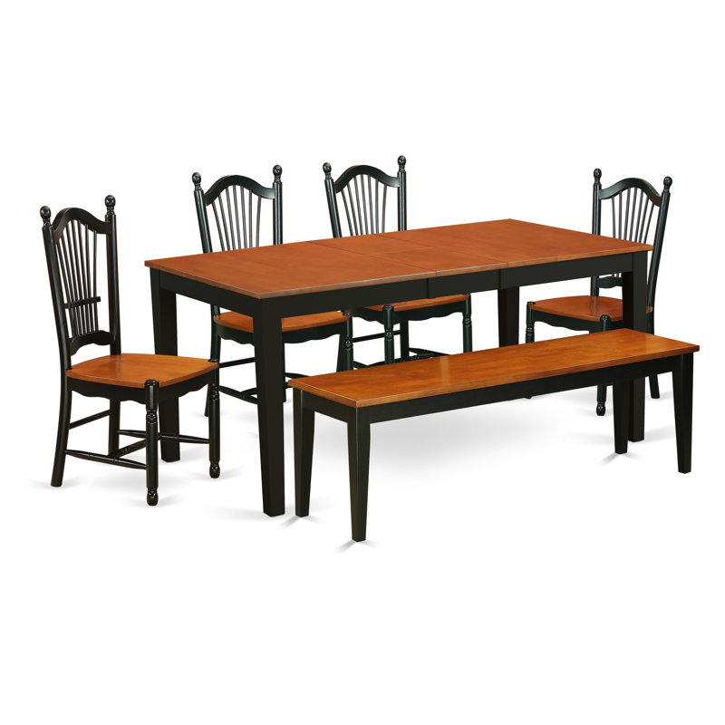 6 Piece Dining Set Contains a Rectangle Dining Table with Butterfly Leaf and 4 Kitchen Chairs with a Bench, Black & Cherry