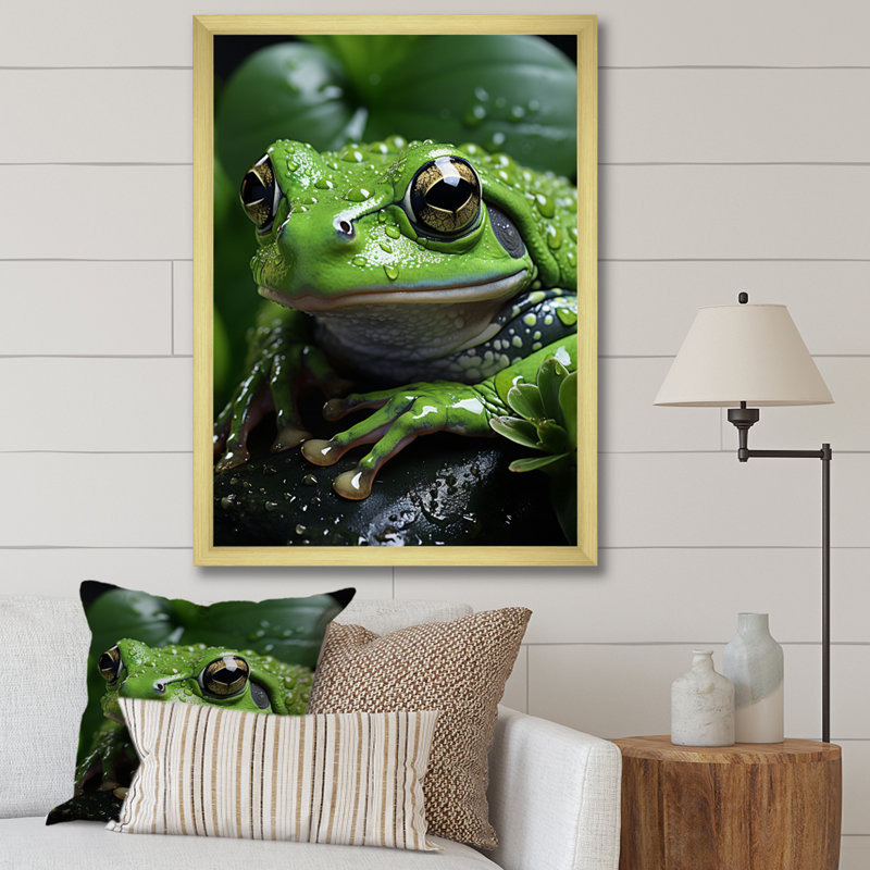 Green Frog Portrait, reproduction d'art sur toile, H 44 po x l 34 po x P 1,5 po, Encadrement doré