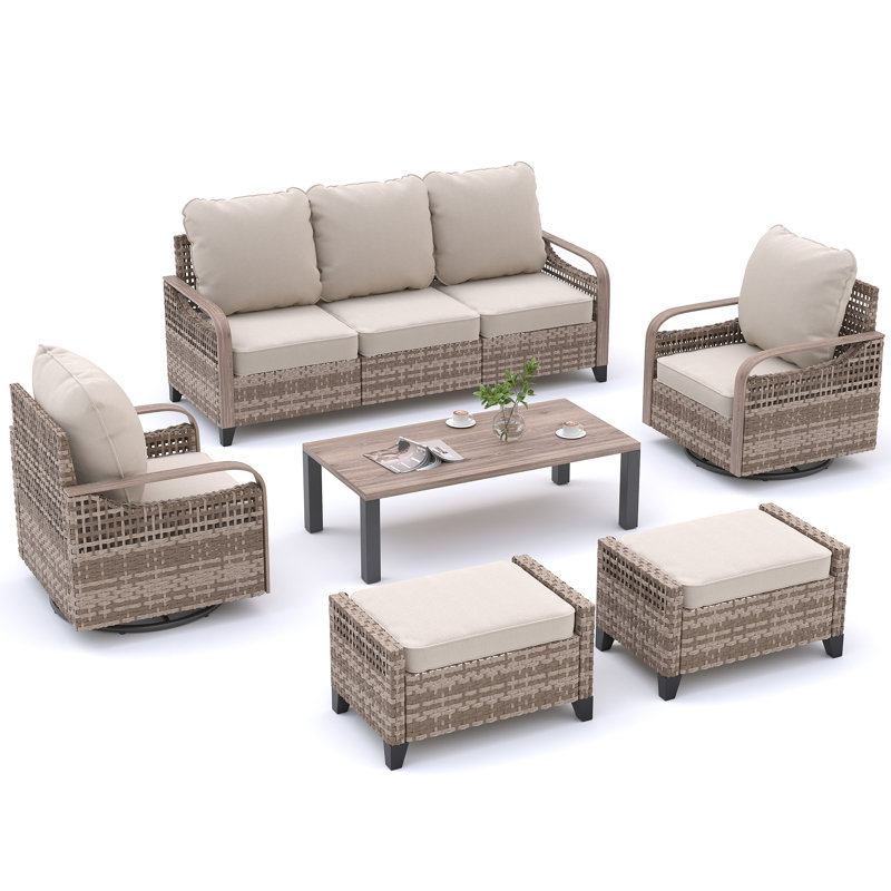 6-Piece Outdoor Patio Conversation Set, 3-Seater Sofa, 2 360° Swivel Rocking Armchairs, 2 Ottomans & Adjustable Coffee Table, Steel Frame with Wood-Grain Heat Transfer, Olefin Cushions for Patio, Backyard, Porch & Poolside