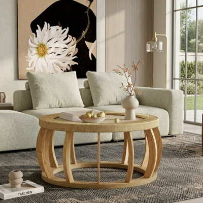 Table basse ronde en bois massif de 35,43 po avec pieds courbés pour salle à manger, cuisine et salon