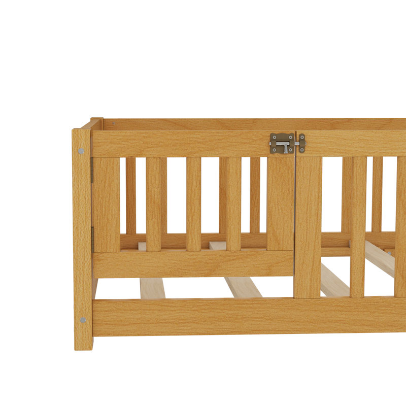 Kids Floor Bed with Safety Guardrails & Door, Low Profile Pine Wood Twin Bed for Children, Natural, Twin