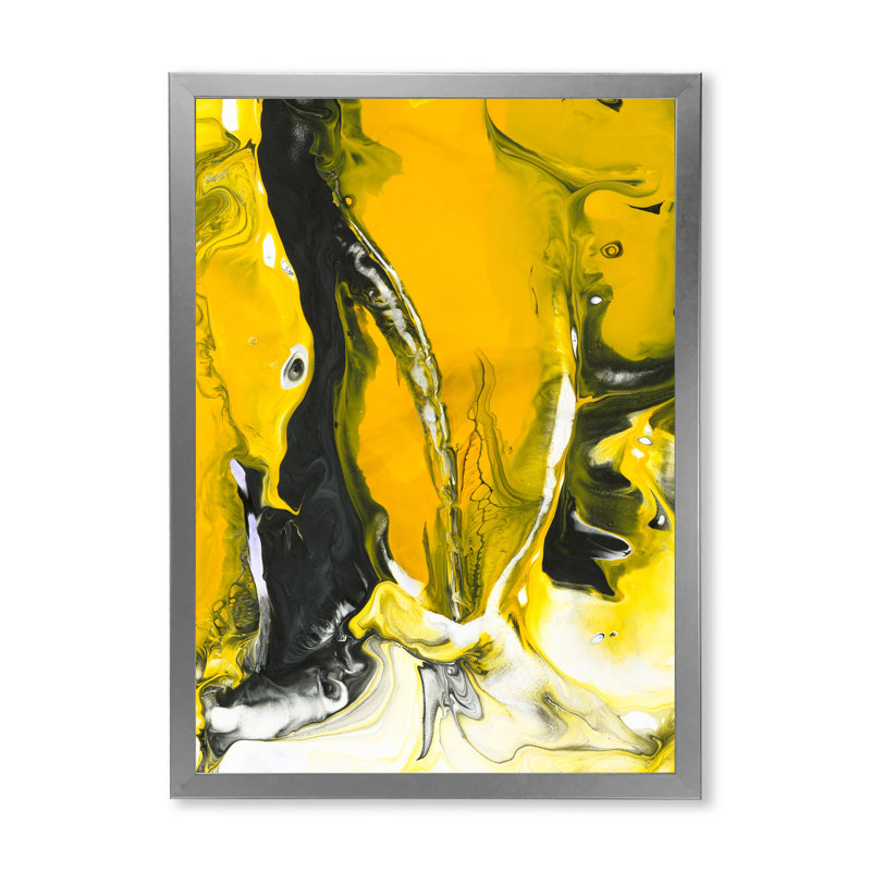 Jaune jaune, noir et blanc liquide Art VII - peinture sur toile, H 20 po x l 12 po x P 1 po, Cadre de coin argenté fermé