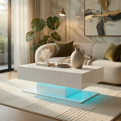 Table basse moderne à DEL Hommoo avec 20 lumières RVB de couleur, 2 tiroirs silencieux à ouverture par pression et finition ultrabrillante, table d'appoint de salon, blanc