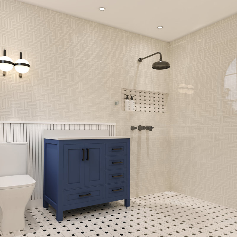 Ensemble de meuble-lavabo 36 po avec comptoir en quartz Ayna Decors Rooh | Lavabo en céramique | 2 portes à fermeture douce | 5 tiroirs à fermeture en douceur