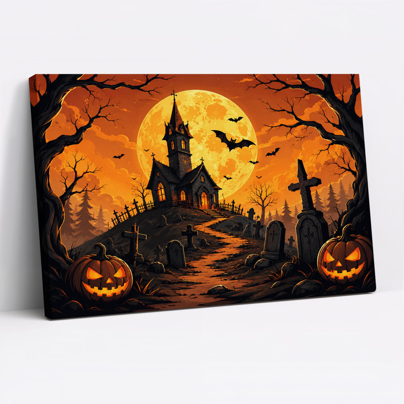 «Church and Graveyard with Glowing Pumpkins», art mural sur toile, H 36 po x l 48 po