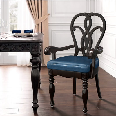 21" Seat Height Upholstered Dining Arm Chair, Solid Ash Wood Frame, Carved Back, Blue Faux Leather Seat
