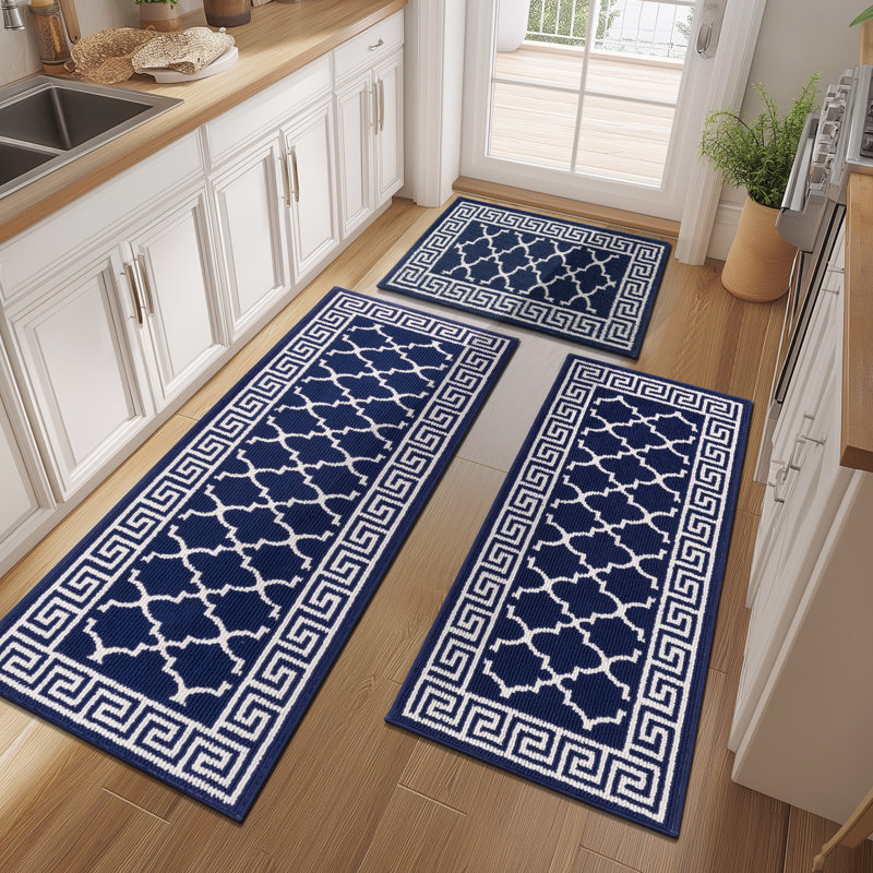 Tapis de cuisine et tapis de porte lavable (ensemble de 3), Bleu