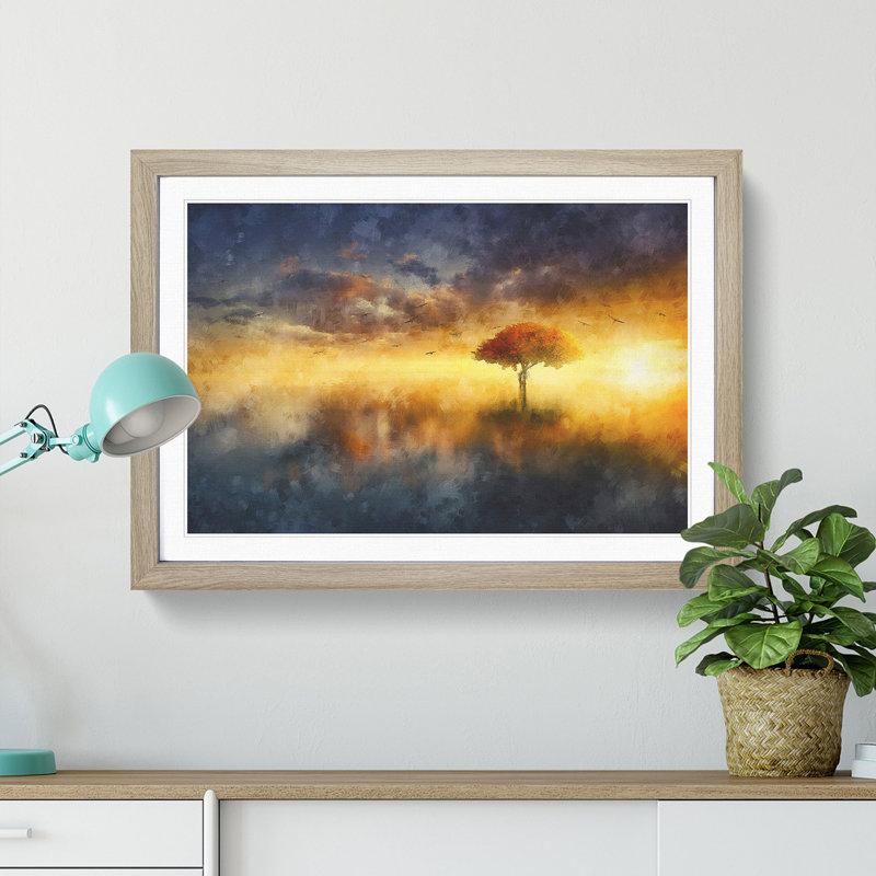 Flying Birds over a Lone Tree - Picture Frame Graphic Art Print, 45cm H x 63cm W x 2cm D, Oak Framed
