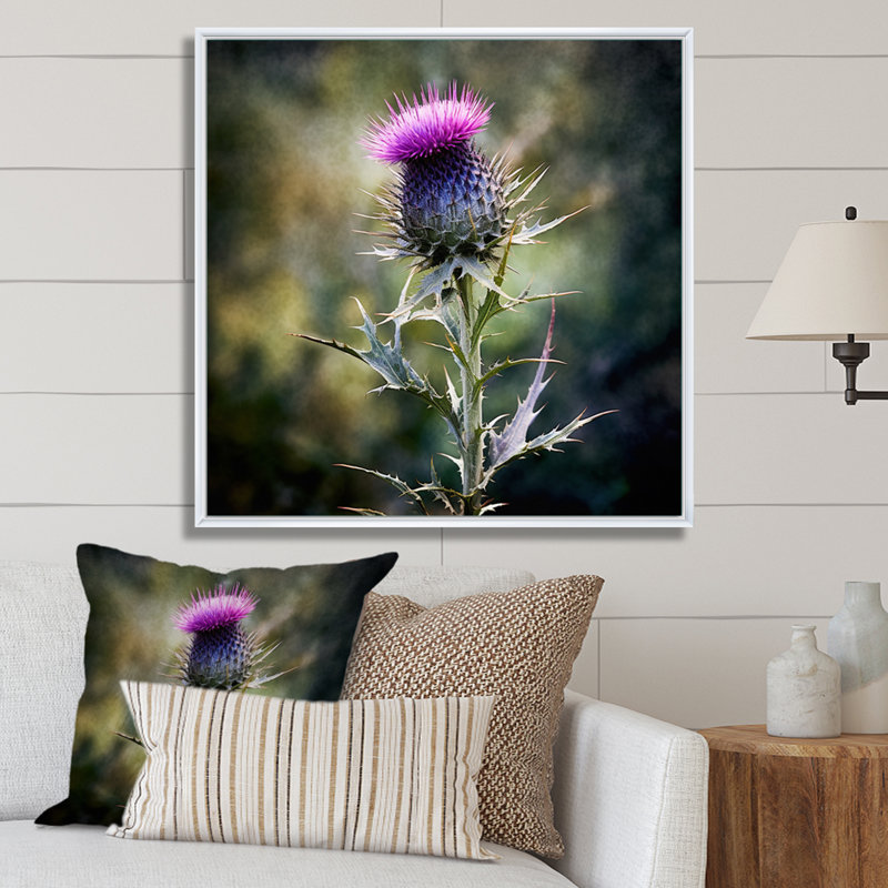Mauve, vert, chardon, chuchotement, plante, V, H 24 po x l 24 po x P 1 po, Cadre flottant blanc
