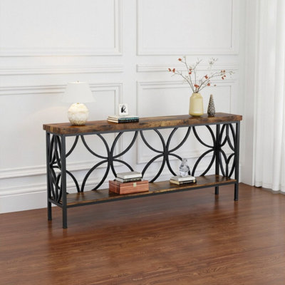 70.9 Inches Extra Long Industrial Console Table, Narrow Sofa Table Behind Couch With Open Storage Shelves, Rustic Entryway Table For Hallway, Foyer, Or Living Room, Metal Frame
